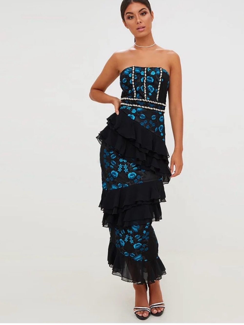 PrettyLittleThing Strapless Black Dress with Teal Floral Embroidery